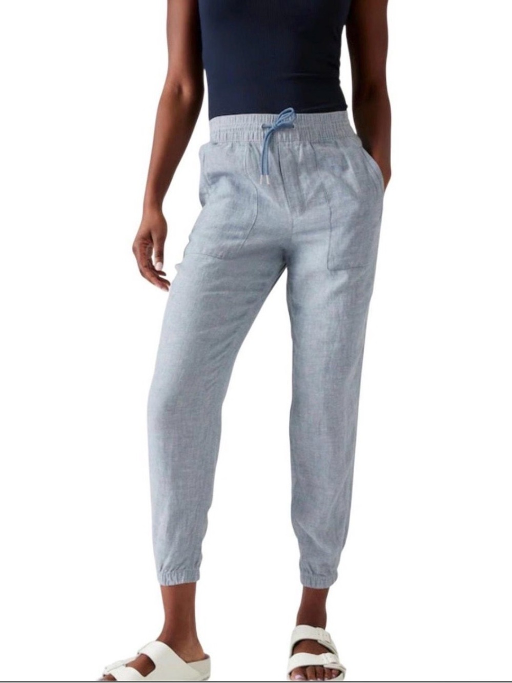 Athleta Retreat Linen Jogger Pants Blue Petite 8P Zip Pocket Pull-On 100% Linen